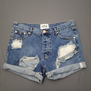 One by One Teaspoon Chargers Distressed Denim Shorts Blue Cuffed Button Fly 32